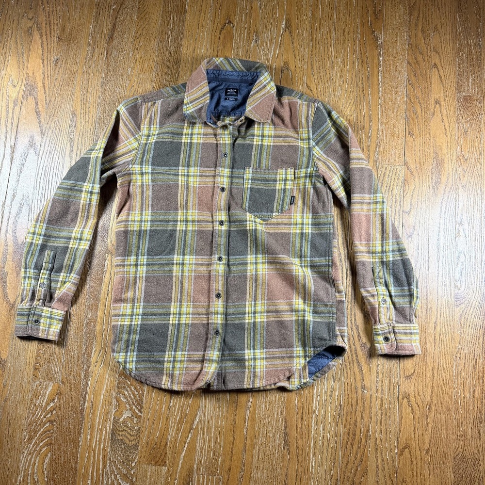 PrAna Shirt Mens Small Brown Plaid Organic Cotton Flannel Snap Button Up Hiking